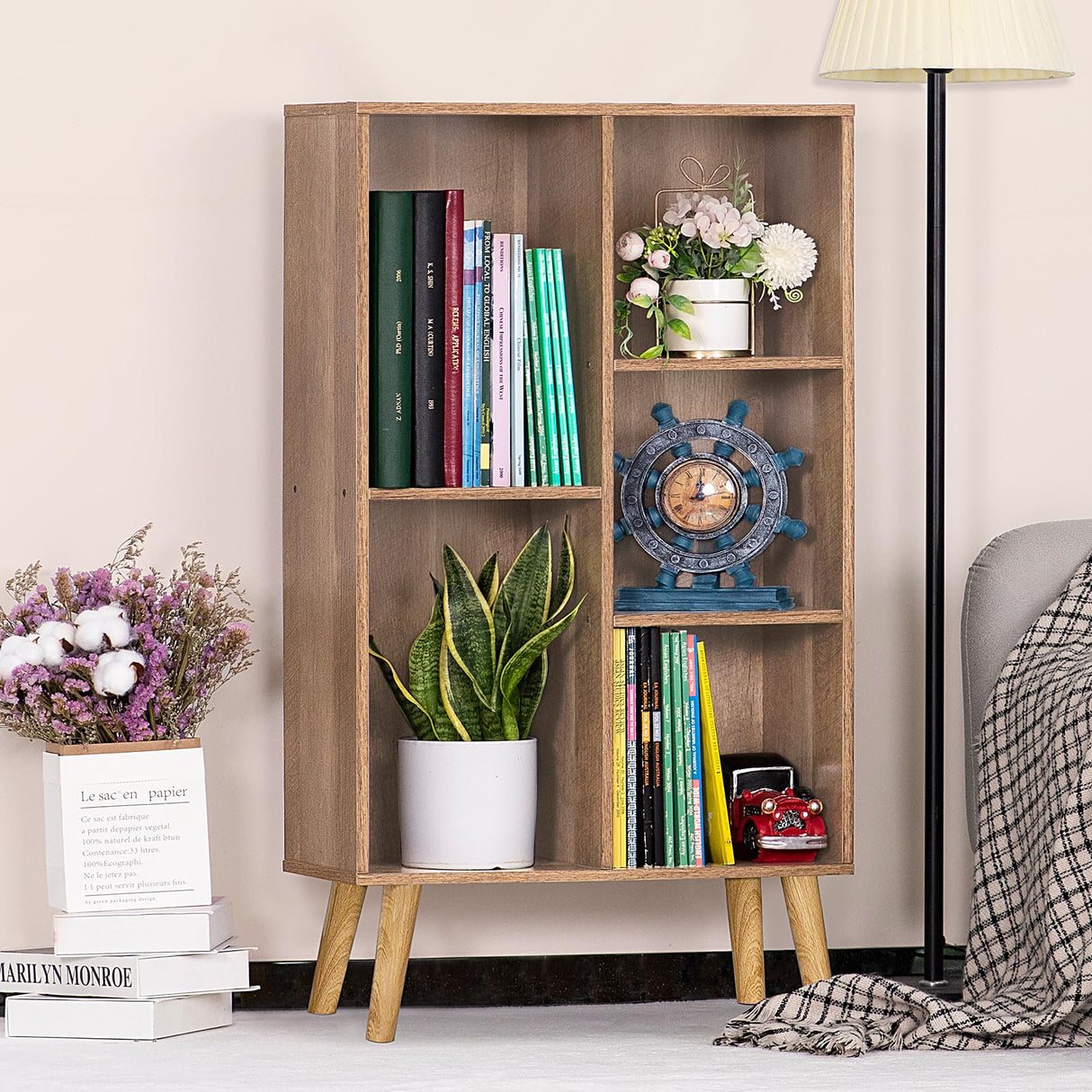 5 Cube Small Bookshelf,3 Tier Mid-Century Modern Bookcase with Legs,Wood Kids Bookshelves Storage Organizer Shelf,Free Standing Narrow Book Shelves,Oak Grey Corner Bookcases for Bedroom,Living Room LEYAOYAO