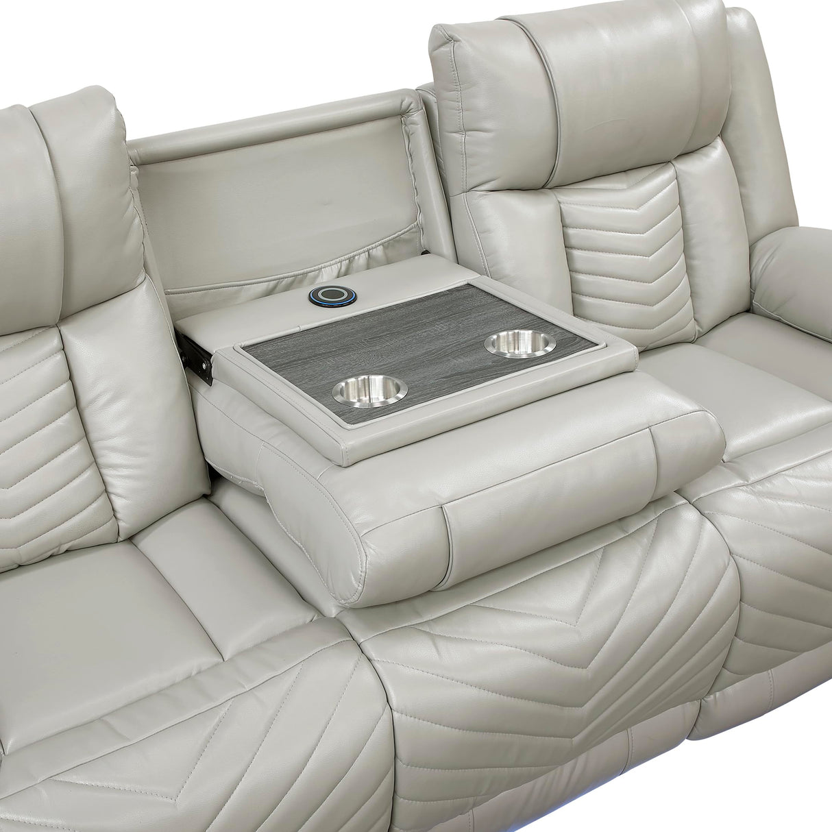 Lexicon Wall Hugger Power Double Reclining Sofa with Center Drop-Down Table, Faux Leather Home Theater Seating with LED Lighting/USB Charging Ports/Wireless Charger/Cup Holders, Magazine Pocket, Gray Lexicon