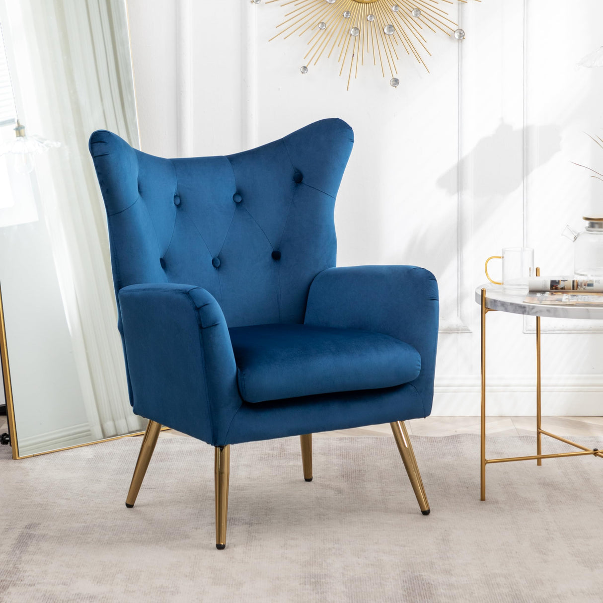 Roundhill Furniture Sovarol Velvet Button-Tufted Wing Back Accent Chair, Blue Roundhill Furniture