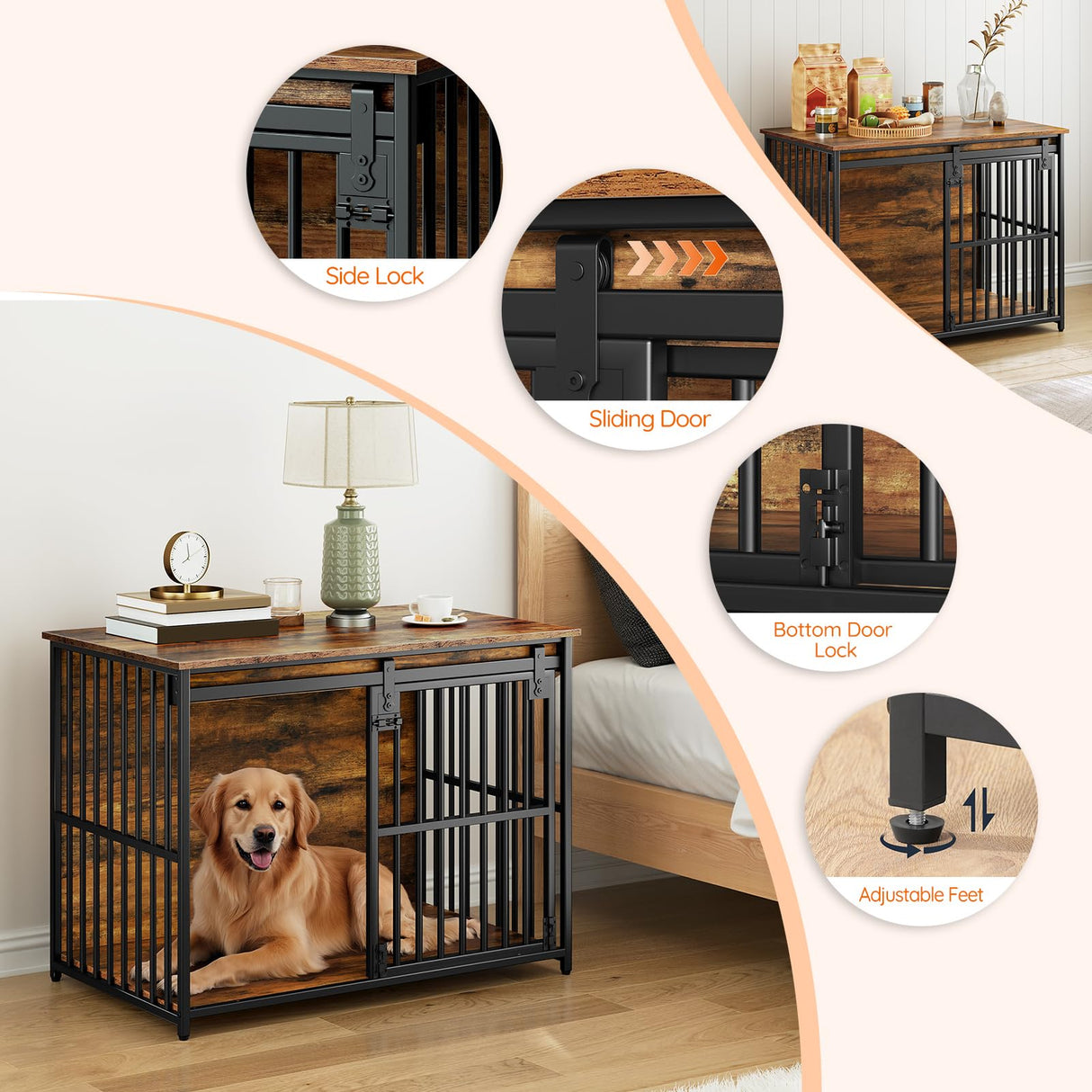 HOOBRO Dog Crate Furniture, 36.6" Heavy Duty Dog Kennel with Sliding Barn Door, Wooden Dog Cage Indoor, Decorative Side End Table for Small/Medium Dogs, Rustic Brown and Black FG162GW03G1 HOOBRO