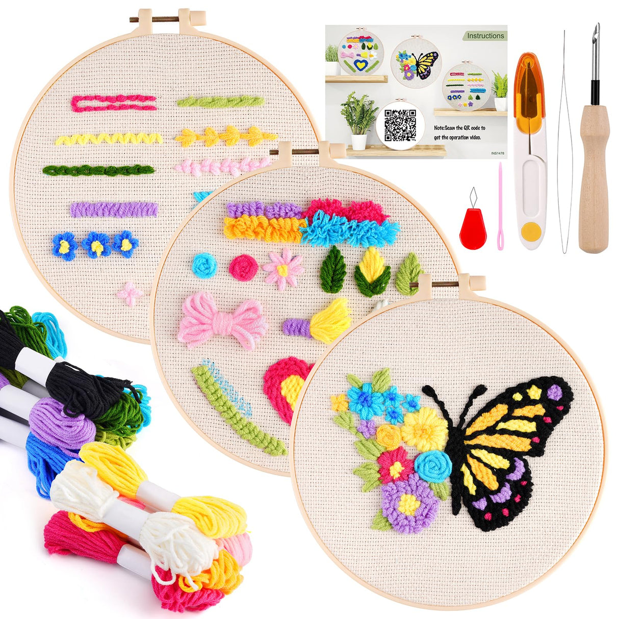 Pllieay 3 Sets Punch Needle Kits, Punch Needle Embroidery Kit for Beginners Including Embroidery Fabric with Pre-Printed Pattern, Hoop, Yarns and Tools Pllieay