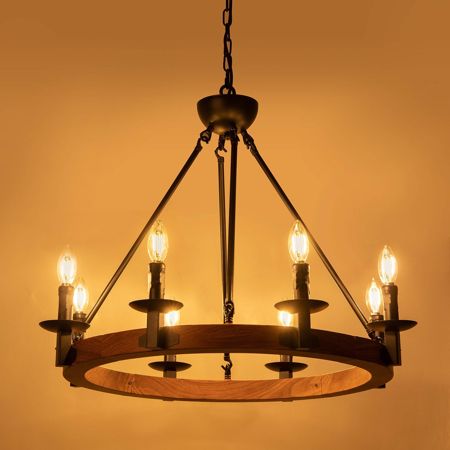 Wellmet 8 Lights Farmhouse Iron Chandeliers for Dining Rooms 28 inch, Wagon Wheel Chandelier Candle Style, Rustic Hanging Ceiling Light Fixture Bedroom Living Room Foyer Hallway, Faux Wood Finish