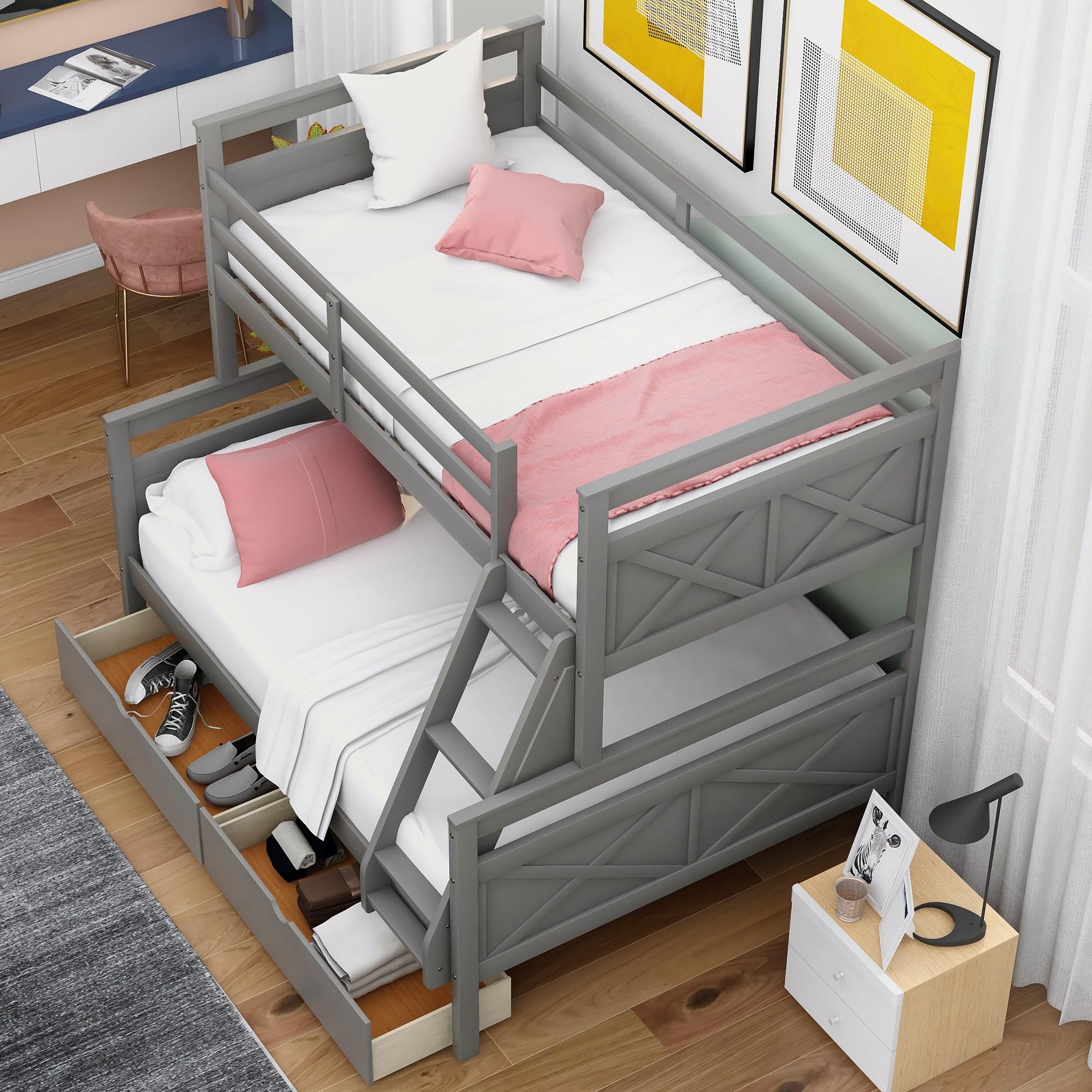 Merax Grey Twin Over Full Bunk Bed with Storage Drawers, Ladder and Guardrail, Convertible Design - WoodArtSupply