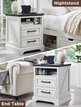 ACCOHOHO 18" Farmhouse Nightstand with Charging Station,End Table with 2 Drawers Storage,Side Table,Bedside Cabinet for Bedroom,Living Room,White ACCOHOHO