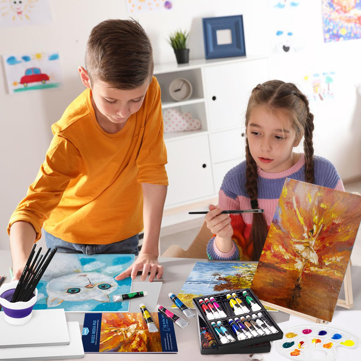 koseibal Acrylic Paint Set for Adults & Kids - 37PCS Painting Supplies Kit with 18 Colors Acrylic Paint, 8 Paint Brushes,6 Canvas Panels, Wooden Easel,Palette, Painting Pad, Cleaning Cup, Cloth koseibal