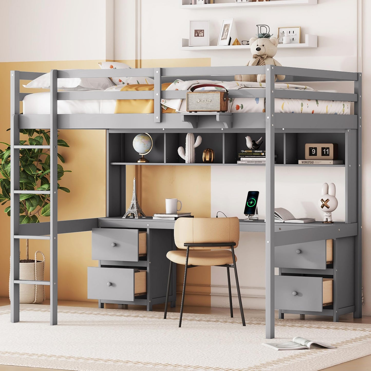 Full Size Loft Bed with Desk, Storage, Charging Station and Safety Features in Grey - WoodArtSupply