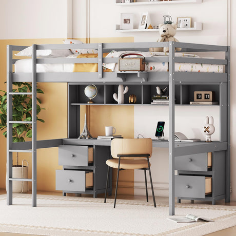 Full Size Loft Bed with Desk, Storage, Charging Station and Safety Features in Grey Bellemave