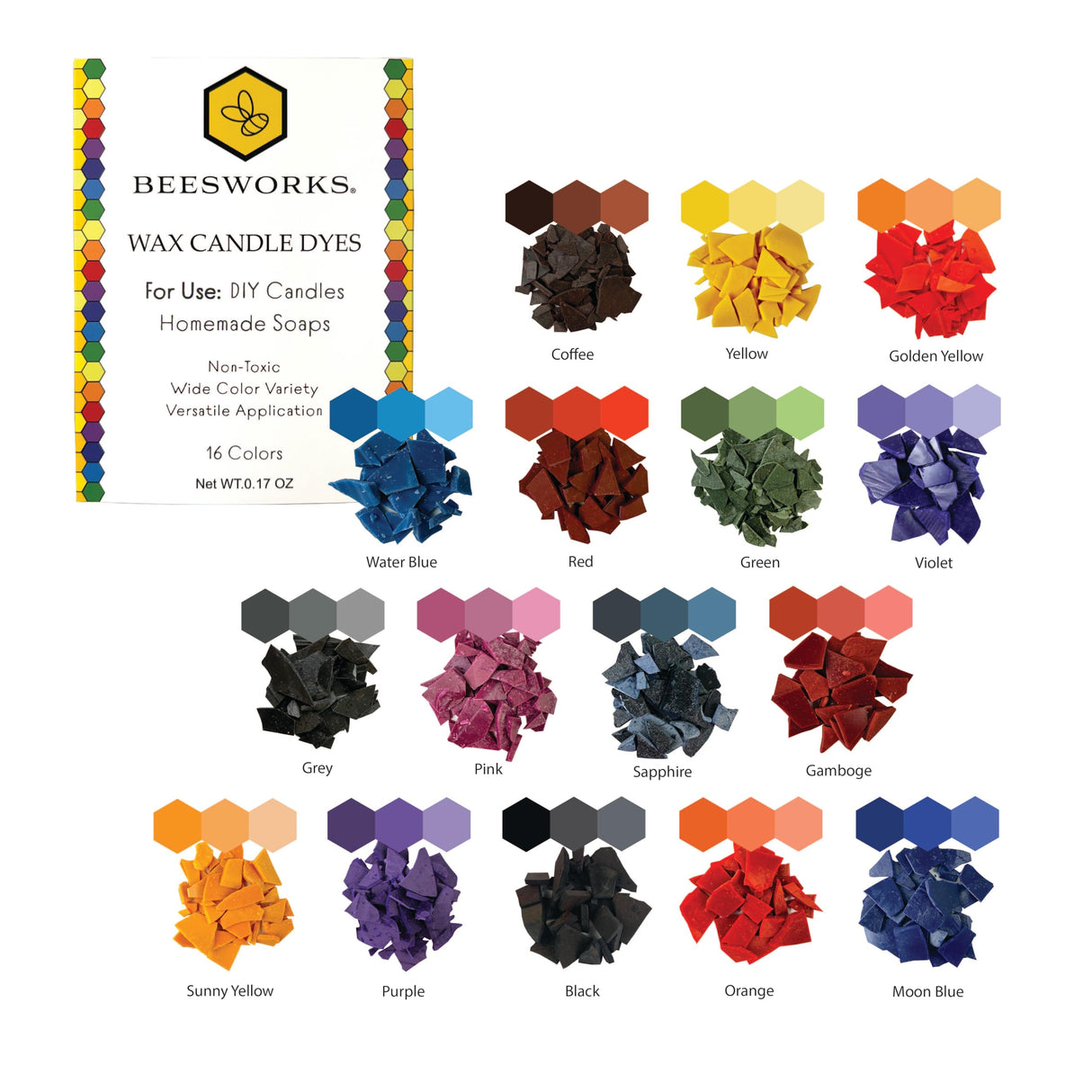 Beesworks Wax Candle Dyes - 16 Colors Wax Dyes for DIY Candle Making, Soap Making (0.15 oz per Color) BEESWORKS