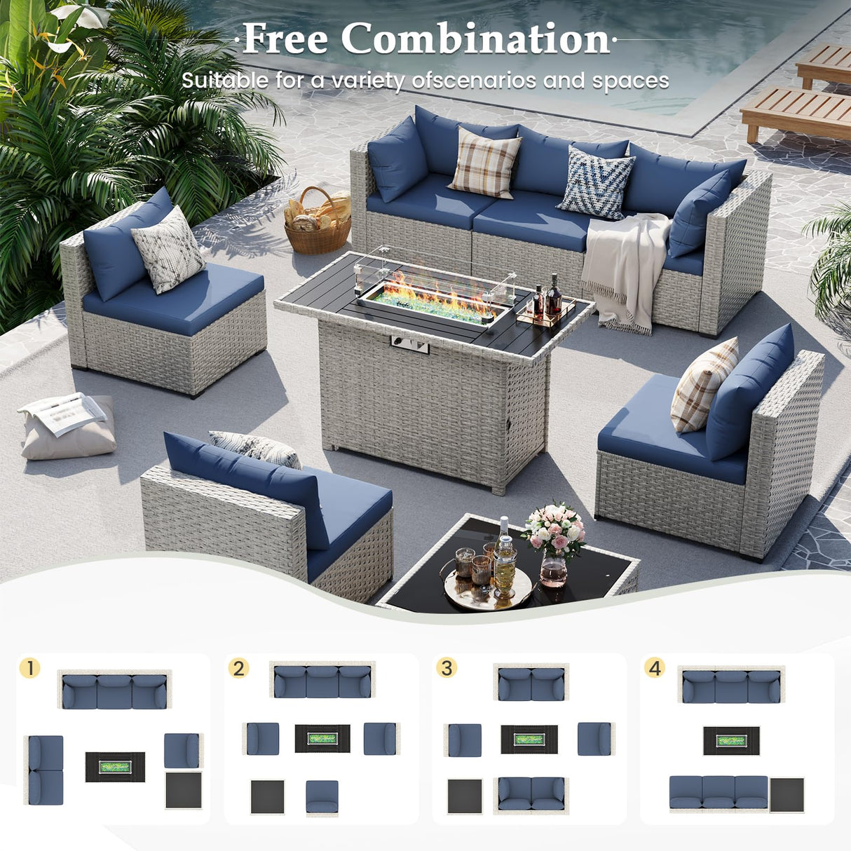 UDPATIO Patio Furniture Set with Fire Pit Table, 8 Pieces Outdoor Sectional Sofa, PE Wicker Patio Conversation Set for Garden, Backyard Blue UDPATIO
