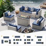 UDPATIO Patio Furniture Set with Fire Pit Table, 8 Pieces Outdoor Sectional Sofa, PE Wicker Patio Conversation Set for Garden, Backyard Blue UDPATIO