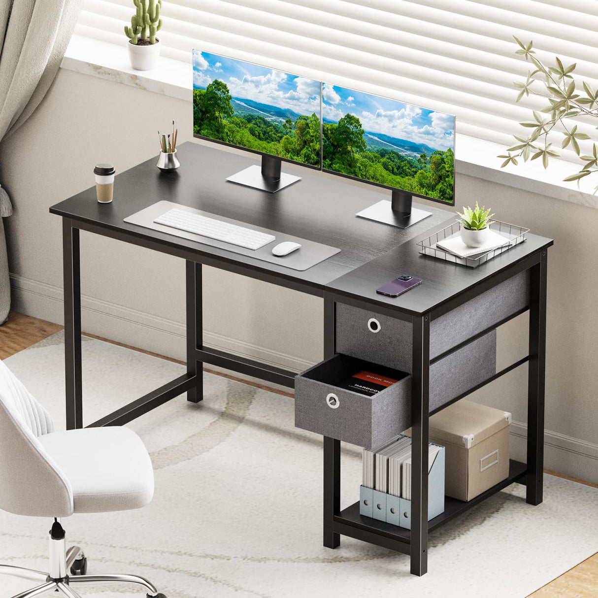 SMUG Computer Desk with Storage Drawers, Small Office Desk Modern Simple Study Writing Table for Home Bedroom, Spacious 40X24 Desktop with 2-Tier Drawer, Black SMUG