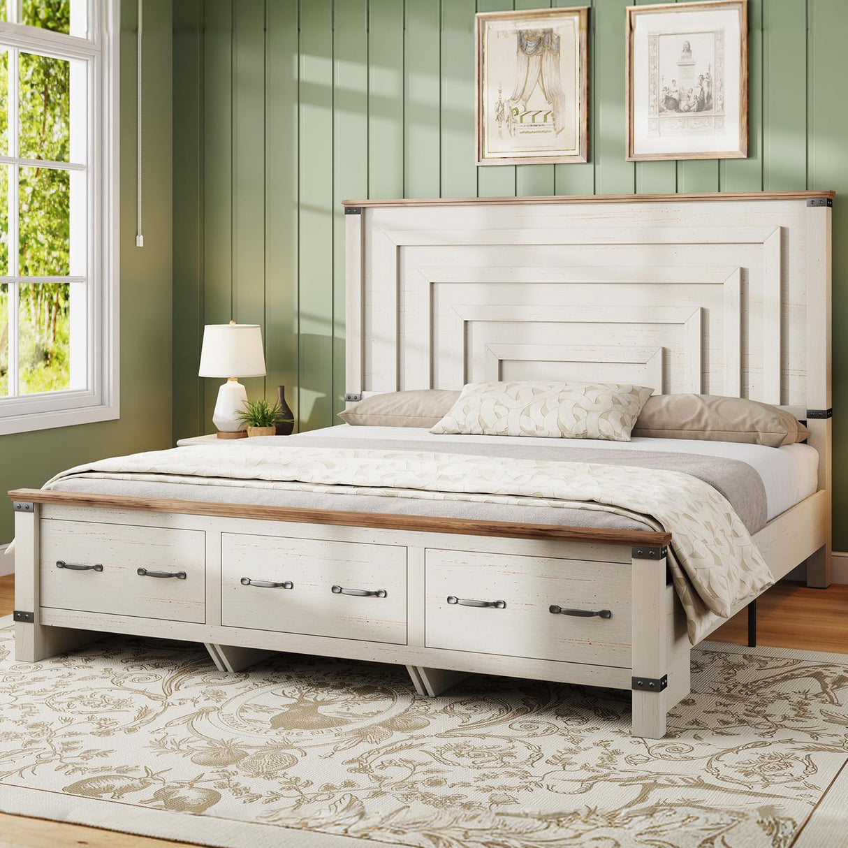 AMERLIFE Farmhouse King Size Bed Frame with 54" Tall Geometric Headboard & Footboard, Rustic Wood Platform Bed Frame/w 3 Large Storage Drawers, Wood Slats Support, No Box Spring Needed, Rustic White AMERLIFE