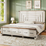 AMERLIFE Farmhouse King Size Bed Frame with 54" Tall Geometric Headboard & Footboard, Rustic Wood Platform Bed Frame/w 3 Large Storage Drawers, Wood Slats Support, No Box Spring Needed, Rustic White AMERLIFE