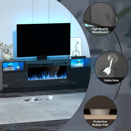 OUTGUAVA Fireplace TV Stand for 80 Inch TV, TV Stand with 36" Fireplace, LED Light Entertainment Center with Storage Cabinets, Media TV Console TV Table for Living Room, Black OUTGUAVA