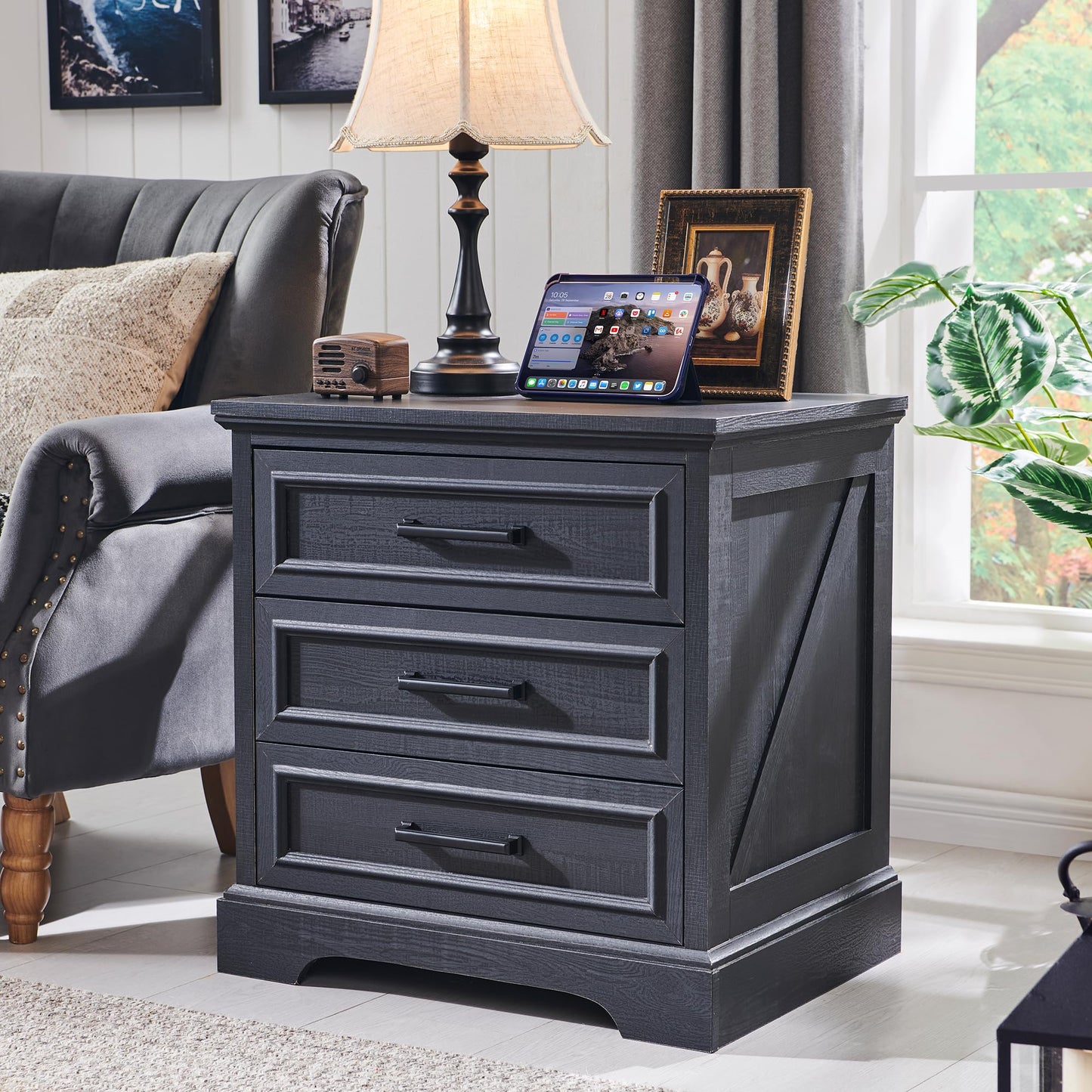 ACCOHOHO Farmhouse Nightstand with Charging Station, 24 Inch Wide End Table with 3 Large Drawers & Bar Handles, Rustic Wood Small Dresser Chest of Drawers for Bedroom, Living Room, Closet, Black