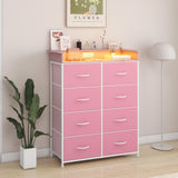 Welfuturer Pink Dresser for Bedroom with Charing Station Dressers with LED Lights Tall Dresser with 8 Drawers Storage Tower for Closet Living Room Hallway Entryway Sturdy Steel Frame Wood Top Welfuturer