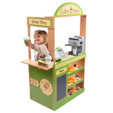 Pretend Coffee Shop Wooden Playset - Drive Thru Window Fun - Includes Frappuccino w Straws, Espresso Maker, Bread, Pastries, Rotating Cash Register, Coffee Cups, Apron- Over 25 Super Cute Play Pieces! Svan