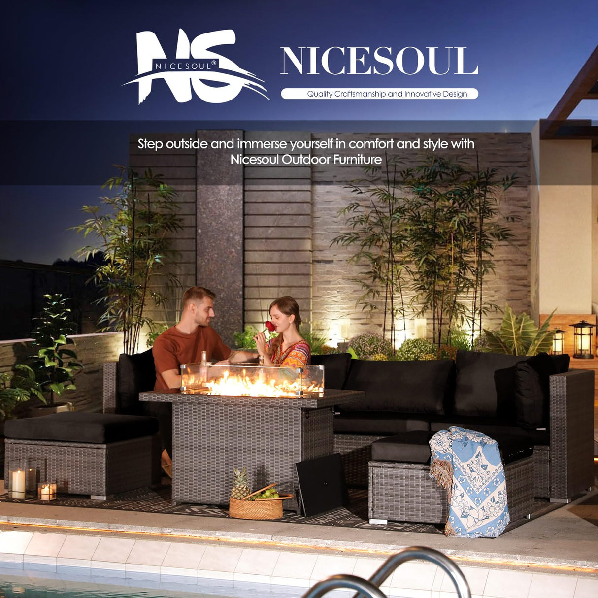 NICESOUL 7 Piece Outdoor Furniture Set with Fire Pit Table Natural Gas & Propane Convertible, 29.3'' High Back Extra Large Rattan Patio Modular Sectional Conversations, 2 Color Cushion Black & Gray NICESOUL
