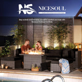 NICESOUL 7 Piece Outdoor Furniture Set with Fire Pit Table Natural Gas & Propane Convertible, 29.3'' High Back Extra Large Rattan Patio Modular Sectional Conversations, 2 Color Cushion Black & Gray NICESOUL