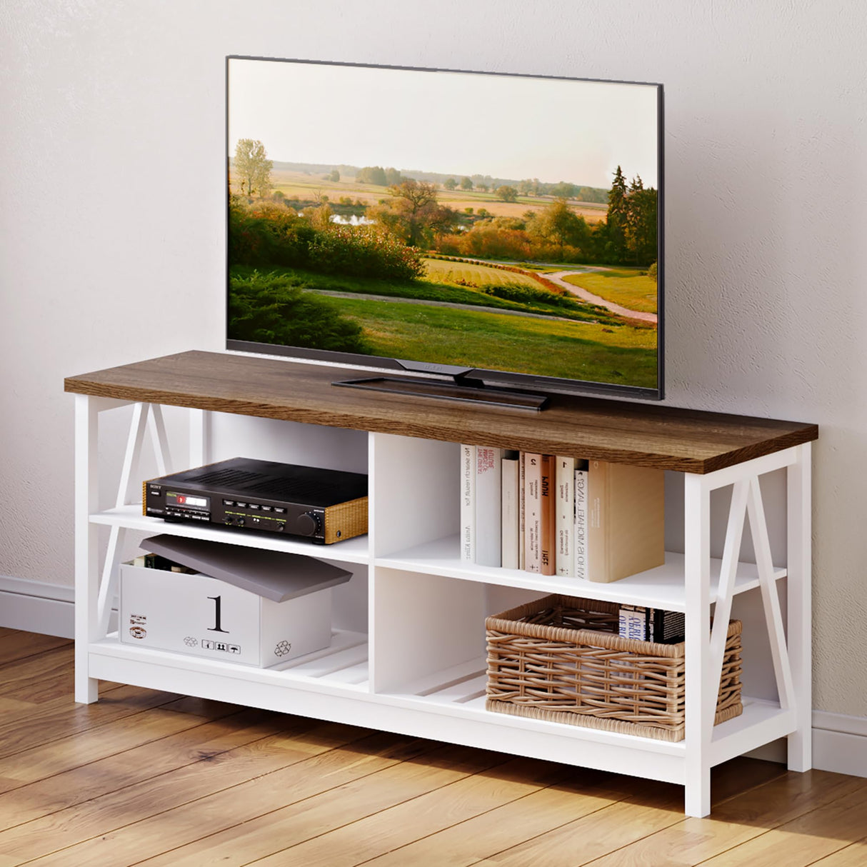ChooChoo Farmhouse TV Stand for TVs up to 60 Inch, Modern Entertainment Center with 4 Open Shelves & Built-in Cable Holes, Media TV Console for Living Room, Bedroom, White ChooChoo