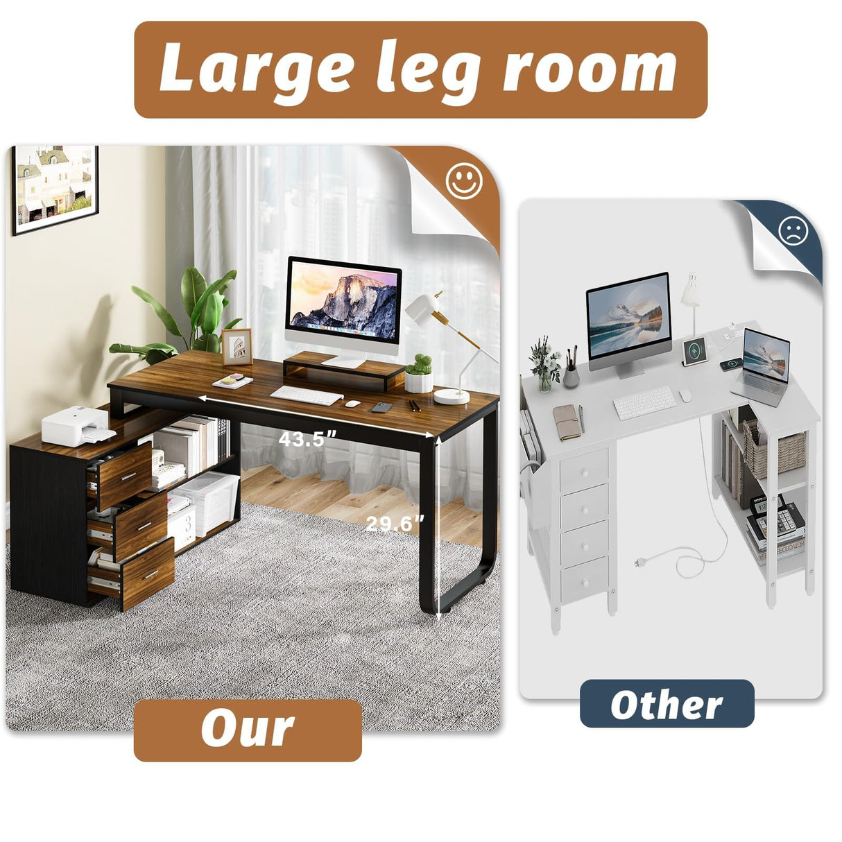 HOMBCK Home Office Computer Desk with 3 Drawers and Shelves, 55 Inch L Shaped Desk with Adjustable Shelves, Craft Table with Storage, Reversible L Shaped Desk, Modern Office Desk, Black Walnut HOMBCK