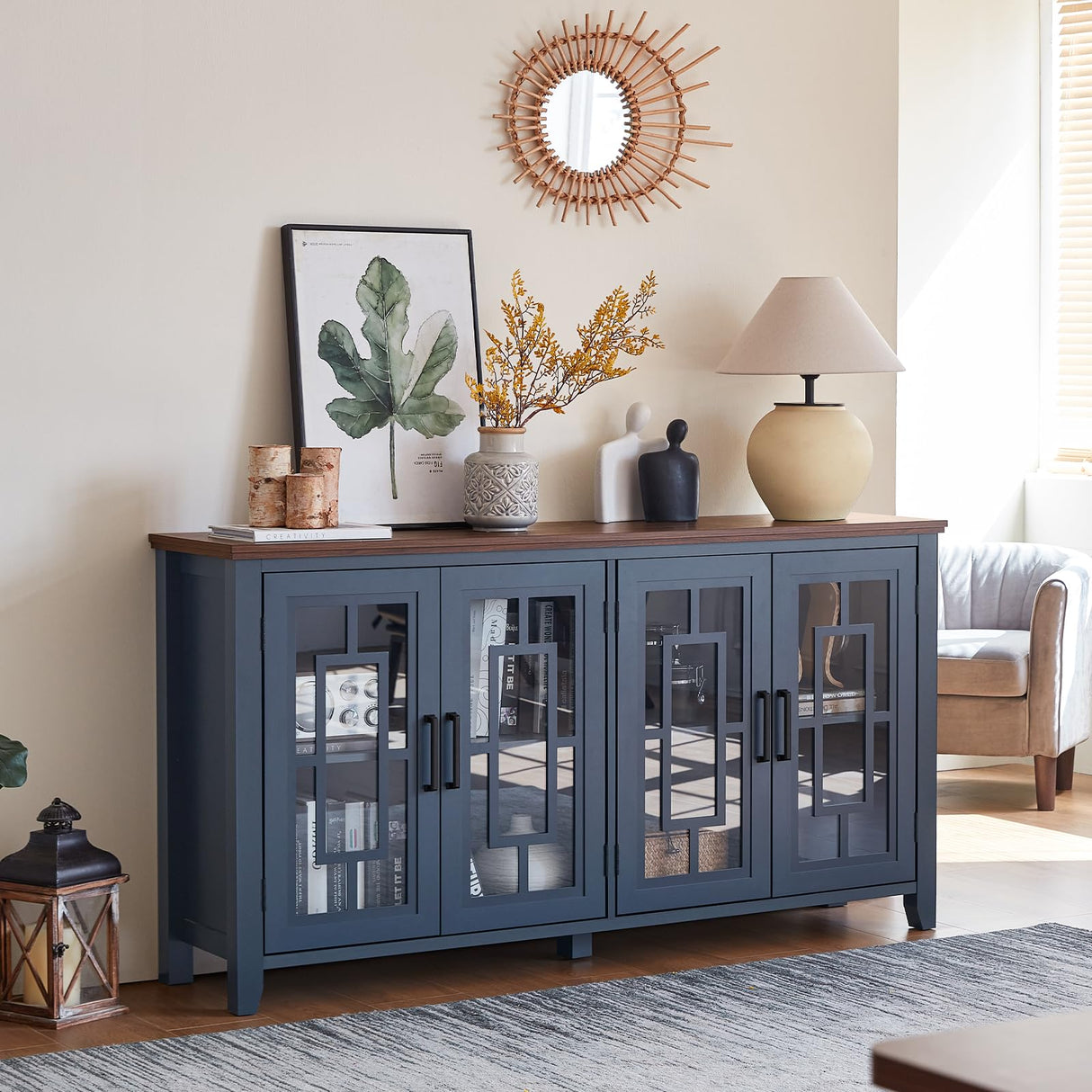 Joaxswe Large Sideboard Buffet Cabinet with Storage, 63" Farmhouse Navy Blue Kitchen Coffee Wine Bar Cabinet with 4 Glass Doors, Mid Century Modern Wood Side Board Table for Dining Room, Living Room Joaxswe