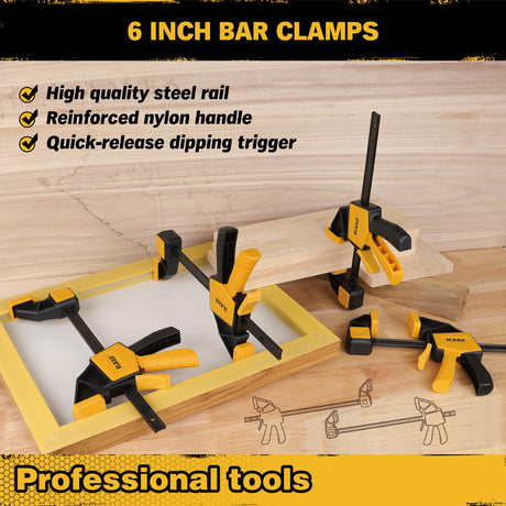8-Piece Clamps for Woodworking - 4 Pcs 6 inch Bar Clamps, 4 Pcs Heavy Duty Metal Spring Clamps, Bar Clamps with 150 LBS Load Limit, Quick Release Triggers ELEAD