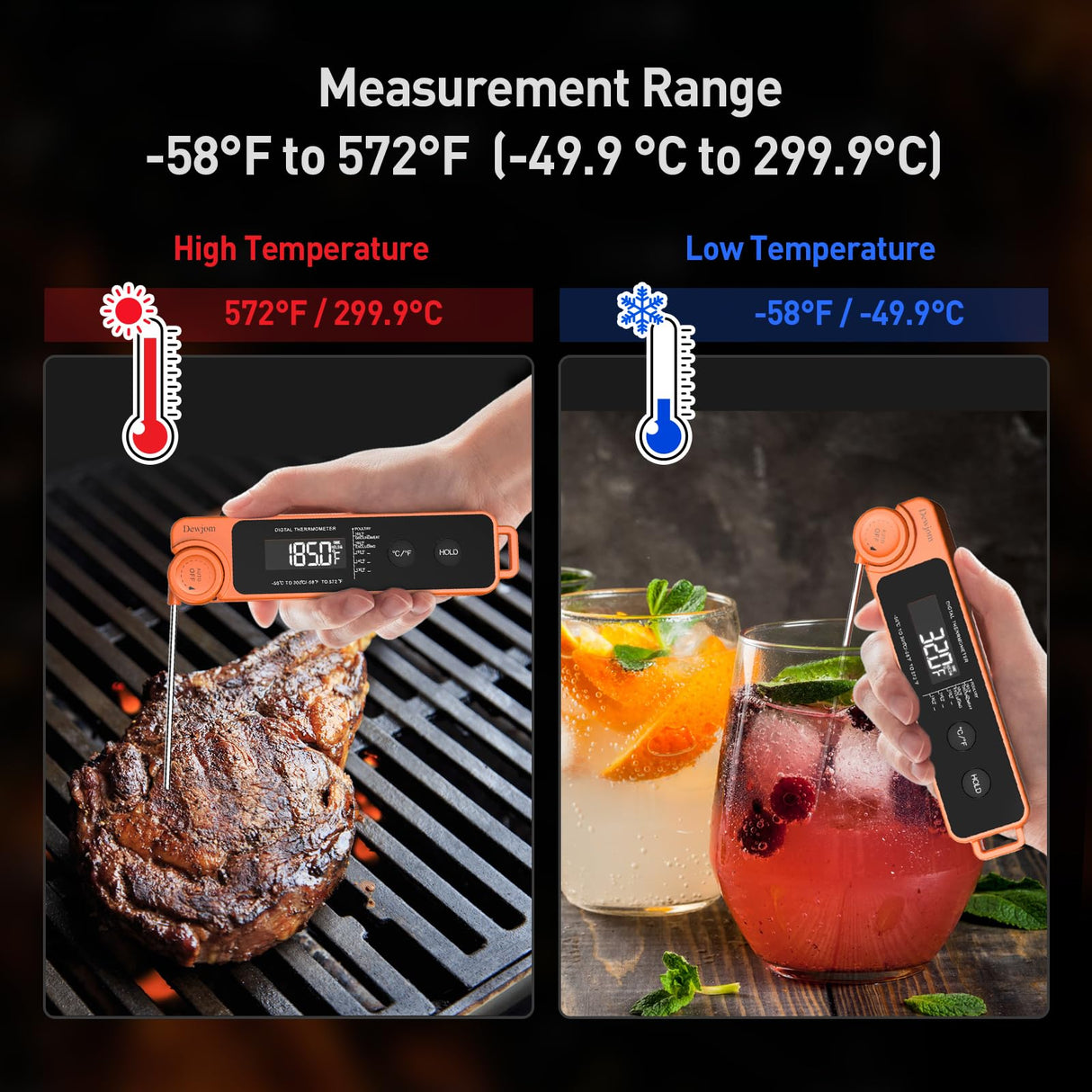 0.5 Sec Instant Read Meat Thermometer for Cooking, Ultra-Fast Digital Food Thermometer with Backlight, ±0.5°F Accuracy, IP67 Waterproof，Auto-Rotate/On/Off–Perfect for Grilling, BBQ, Smoker-Tangerine Dewjom