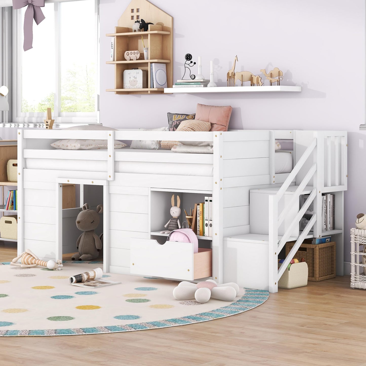 Harper & Bright Designs White Twin Size Low Loft Bed with Storage and Stairs for Kids - WoodArtSupply