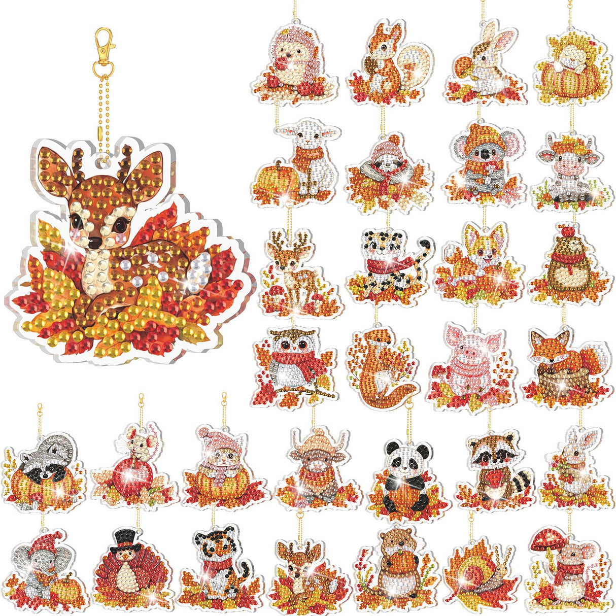 WILLBOND 30 Pcs Thanksgiving Diamond Art Keychain Kits DIY Double Sided Thanksgiving Animals Diamond Painting Keychain Ornaments for Adults Key Ring Art Pendant Fall Tree Decor WILLBOND