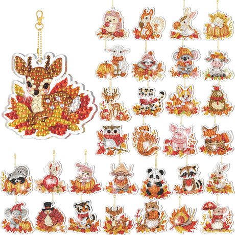 WILLBOND 30 Pcs Thanksgiving Diamond Art Keychain Kits DIY Double Sided Thanksgiving Animals Diamond Painting Keychain Ornaments for Adults Key Ring Art Pendant Fall Tree Decor WILLBOND