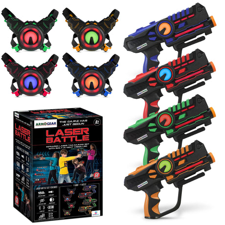 ArmoGear Laser Tag Guns - Set of 4 Rechargeable Kids Toys with Vests - Indoor and Outdoor Multiplayer Laser Tag Set for Kids, Teens, and Adults - Long Range 150 ft - Kids Games for Ages 8 and Up ArmoGear