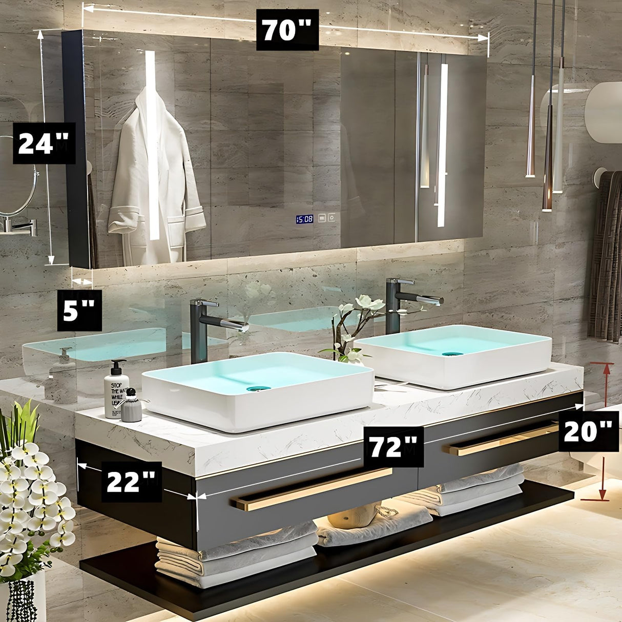 ZGNBSD Double Bathroom Bathroom Vanity with Sink - Floating Bathroom Vanity with LED Smart Defog Mirror Cabinet, Solid Wood Bathroom Vanity, Wall Mounted, Stylish Design. (Double Sink 60") ZGNBSD