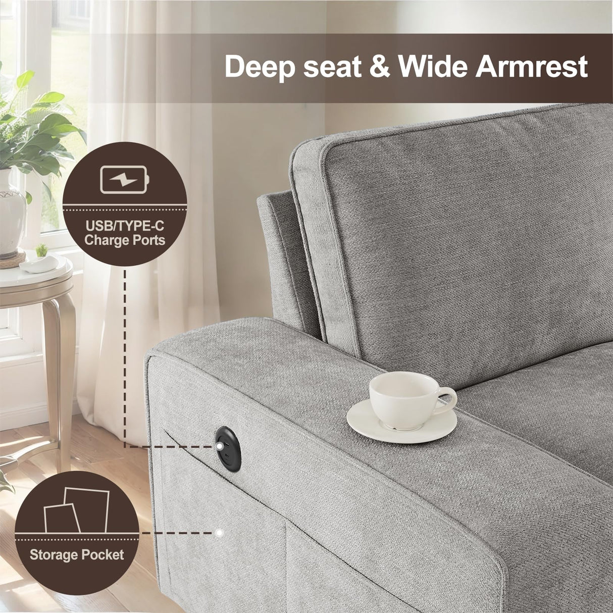 PARKOL 102" L-Shaped Sectional Couch with Storage, Sofa with Reversible Chaise, USB Type-C Charging, Chenille Fabric, Removable Cushion Covers, for Small Space, Apartment, Living Room, Light Gray PARKOL