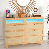 Yeyawomy Rattan Dresser for Bedroom with 8 Drawers, Wood Dresser with Charging Station & LED Lights, Boho Dressers & Chests of Drawers for Bedroom Yeyawomy