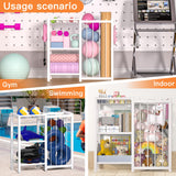 FAMIDGE Sports Equipment Organizer, Ball Storage Rack with Elastic Straps, Garage Sports Organizer Storage Cart with Hooks, Basketball Rack for for golf, Football, Soccer Ball, Bat, White FAMIDGE