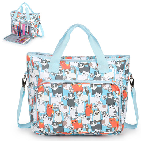 Aeelike Yarn Storage Organizer Travel Crochet Bag, Large Capacity Tote Bag Knitting Bag for Carrying Projects, Knitting Needles, Crochet Hooks and Yarn, Cute Blue Cat Aeelike