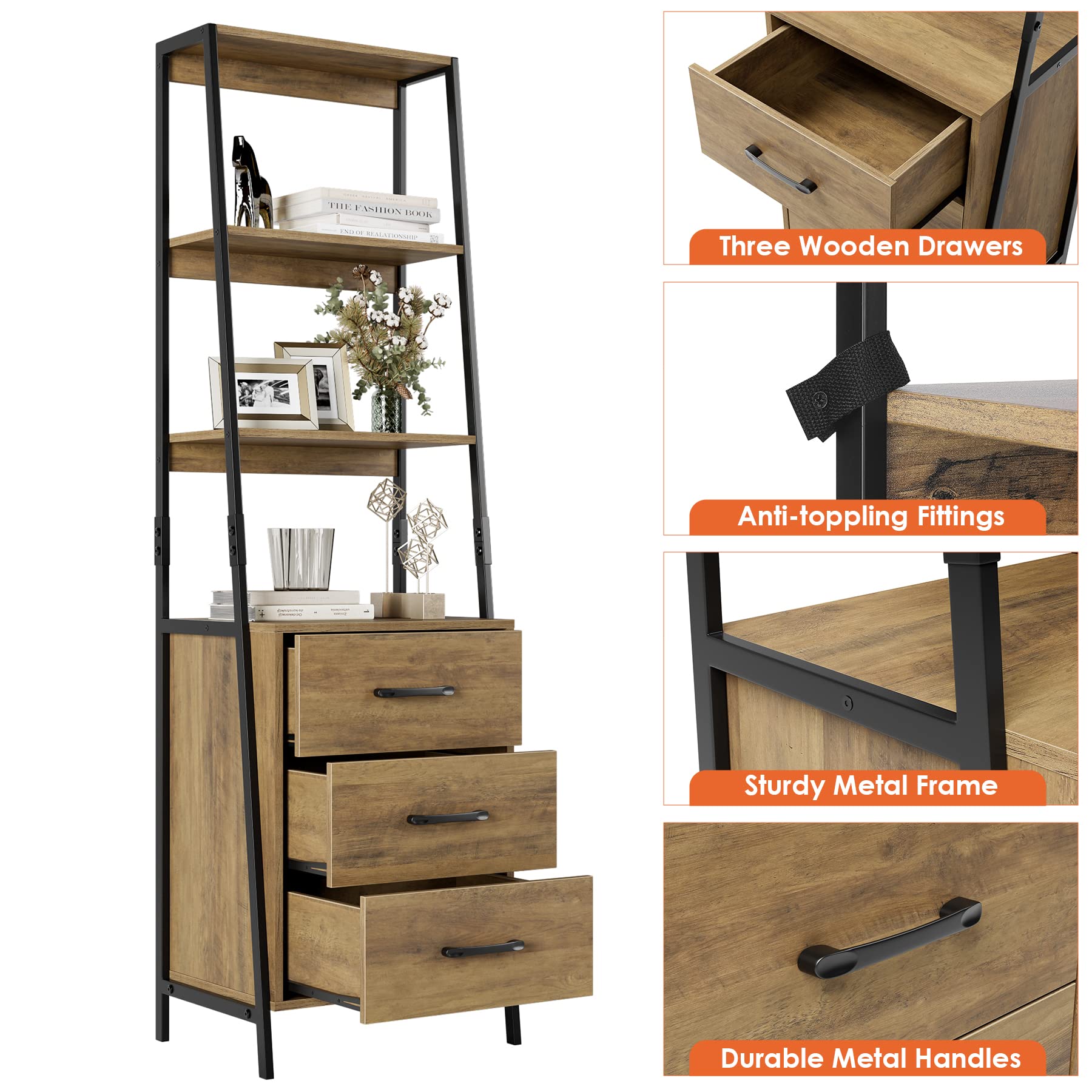 HITHOS 4-Tier Rustic Brown Ladder Bookshelf with 3 Wooden Drawers - WoodArtSupply