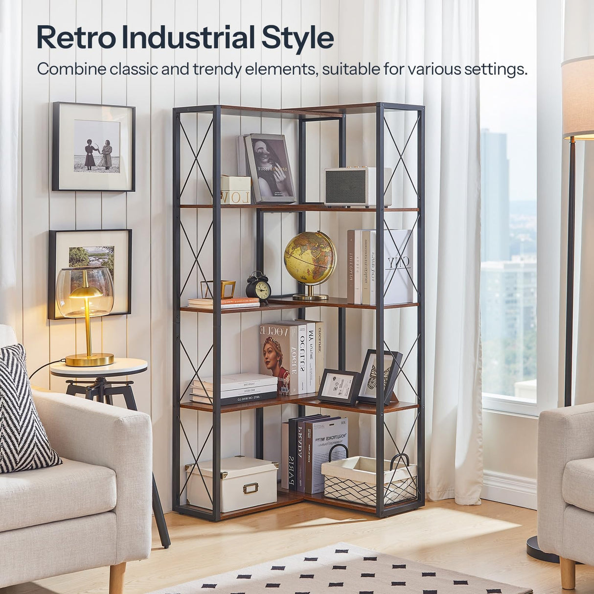 HOOBRO Corner Bookshelf, 5-Tier Industrial Corner Bookcase, Open Display Storage Rack, Vertical or L-Shaped, for Office, Living Room, Bedroom, Rustic Brown and Black BF66SJ01 HOOBRO