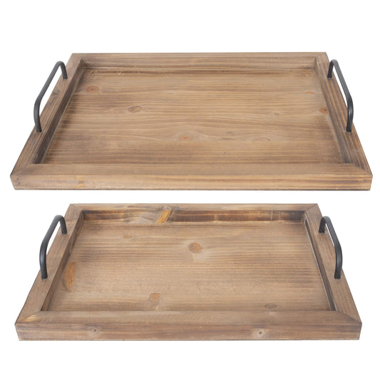 Besti Rustic Vintage Food Serving Trays (Set of 2) | Nesting Wooden Board with Metal Handles | Stylish Farmhouse Decor Serving Platters | Large: 15 x2 x11" - Small: 13 x2 x9" inches (Rustic B - WoodArtSupply