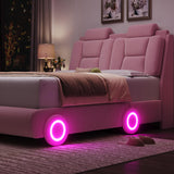 Queen Upholstered Led Bed Frame with Wheels Decor & Adjustable Curved Headboard Modern Car-Shaped Platform Bed with Detachable Pillows Solid Wooden Slats Support No Box Spring Needed, Velvet Pink Keyluv