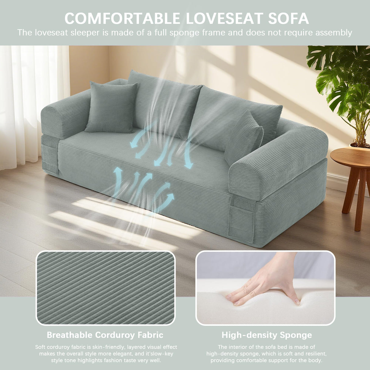 83" Modern Sofa in a Box, No Assembly Oversized 3 Seater 28" Deep Seat Cloud Sofa Bed Couch with 4 Furry Pillows & Corduroy Fabric, Boneless Couch with Side Storage Pockets for Living Room, Light grey Zyerch