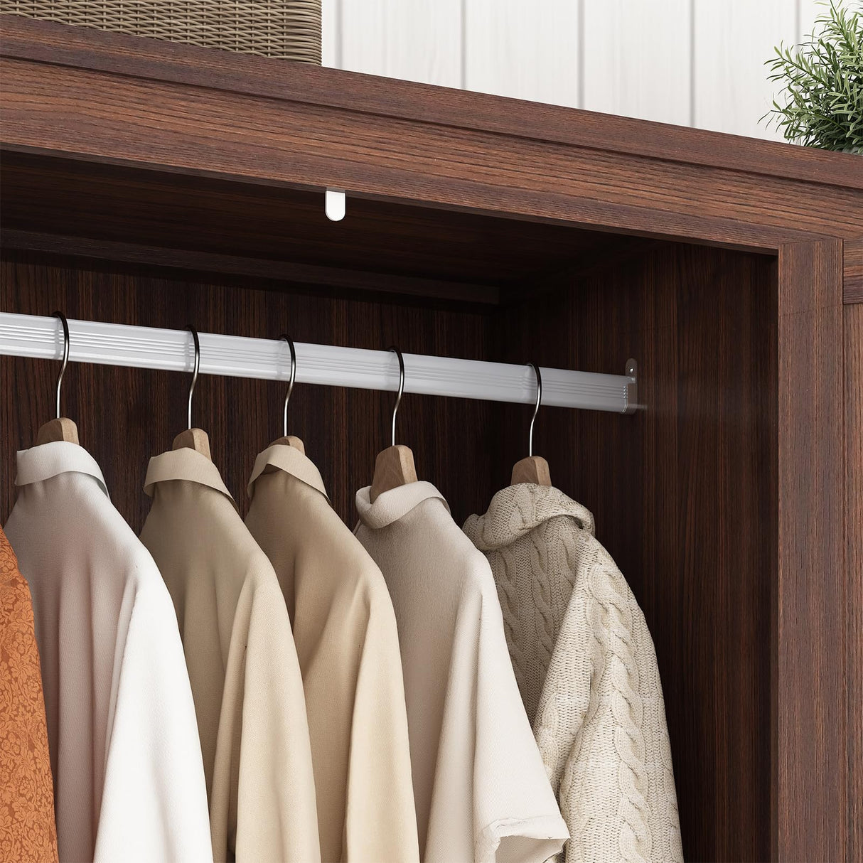 Hlivelood 3 Doors Wardrobe Armoire Closet with Doors and Drawers, Farmhouse Wooden Armoire Storage Cabinet with Shelves & Hanging Rod for Bedroom, Brown Hlivelood