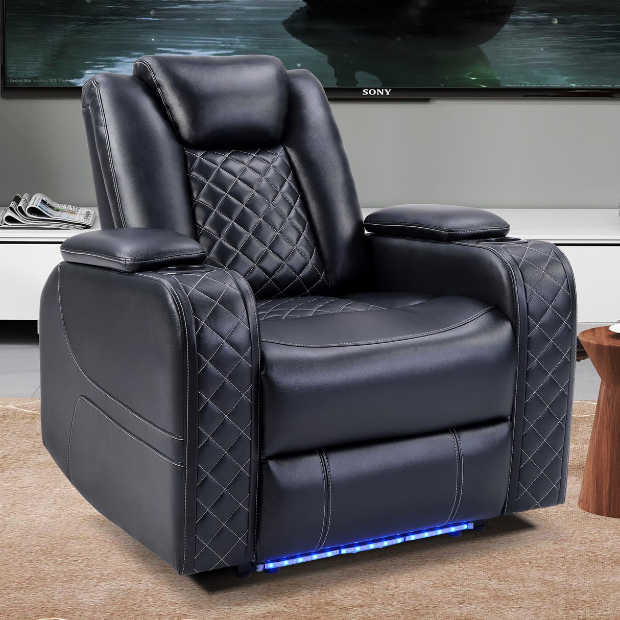 CANMOV Electric Power Recliner Chair with Adjustable Headrest,Breathable Faux Leather Home Theater Seating with Ambient Lighting,Cup Holders,Hidden Arm Storage,USB,Type-C Ports,Black CANMOV