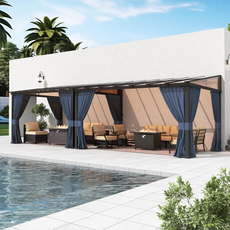 Gotland 10FTx26FT Outdoor Wall-Mounted Hardtop Pergola, Metal Frame Gazebo with Sloping Sun Panel Roof and Double Curtains for Patio, Garden, Lawn, Navy Gotland