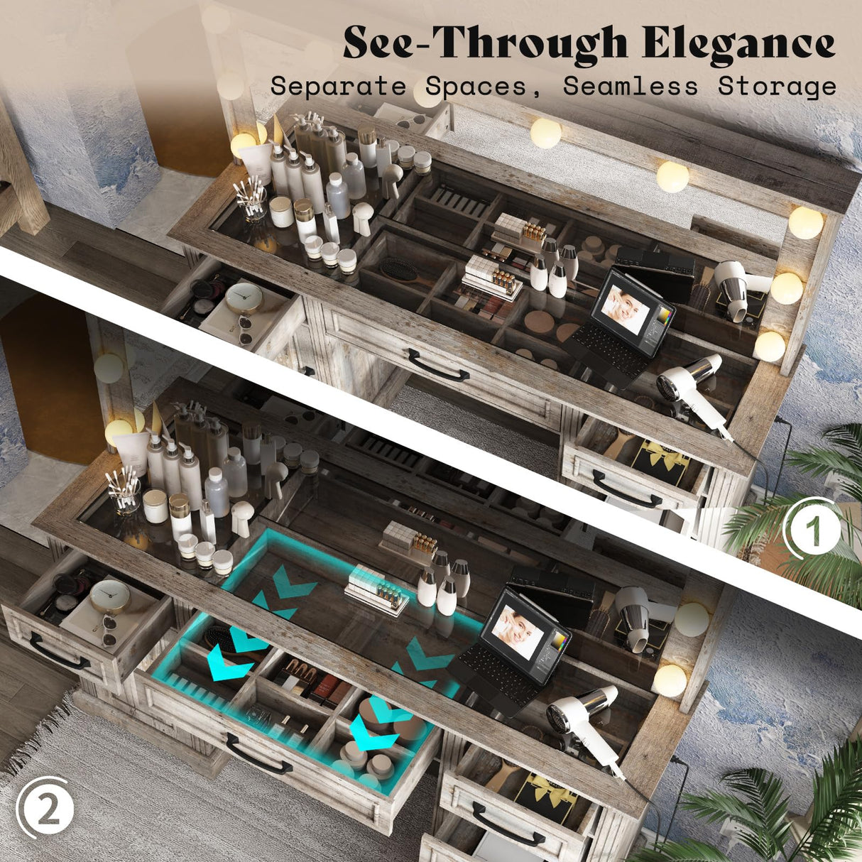 AMERLIFE 55.1" W Makeup Vanity with Hollywood Mirror, Glass Top Vanity with 5 Drawers & Adjustable Cabinet & Charging Station, 10 Detachable Light Bulbs, Bedroom/Salons, Light Oak AMERLIFE