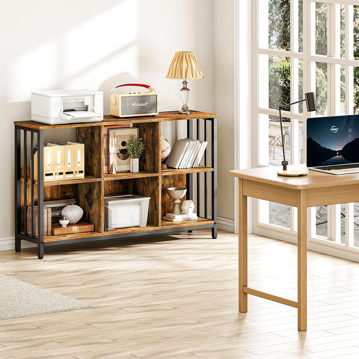 HOOBRO 6 Cube Bookcase, Industrial Horizontal Bookshelf, Wooden and Metal Cubby Bookcase, Long Shelving Unit for Living Room, Bedroom, Home Office, Rustic Brown and Black BF117SJ01 HOOBRO