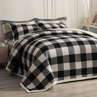 tohrisa Cotton Plaid Quilt Set, Ultra Soft 3 Pieces King Size Bedding with 2 Pillow Shams, Lightweight Reversible Coverlet Bedspread with Wave Quilting for Summer, 108"x96", Grid-Black White
