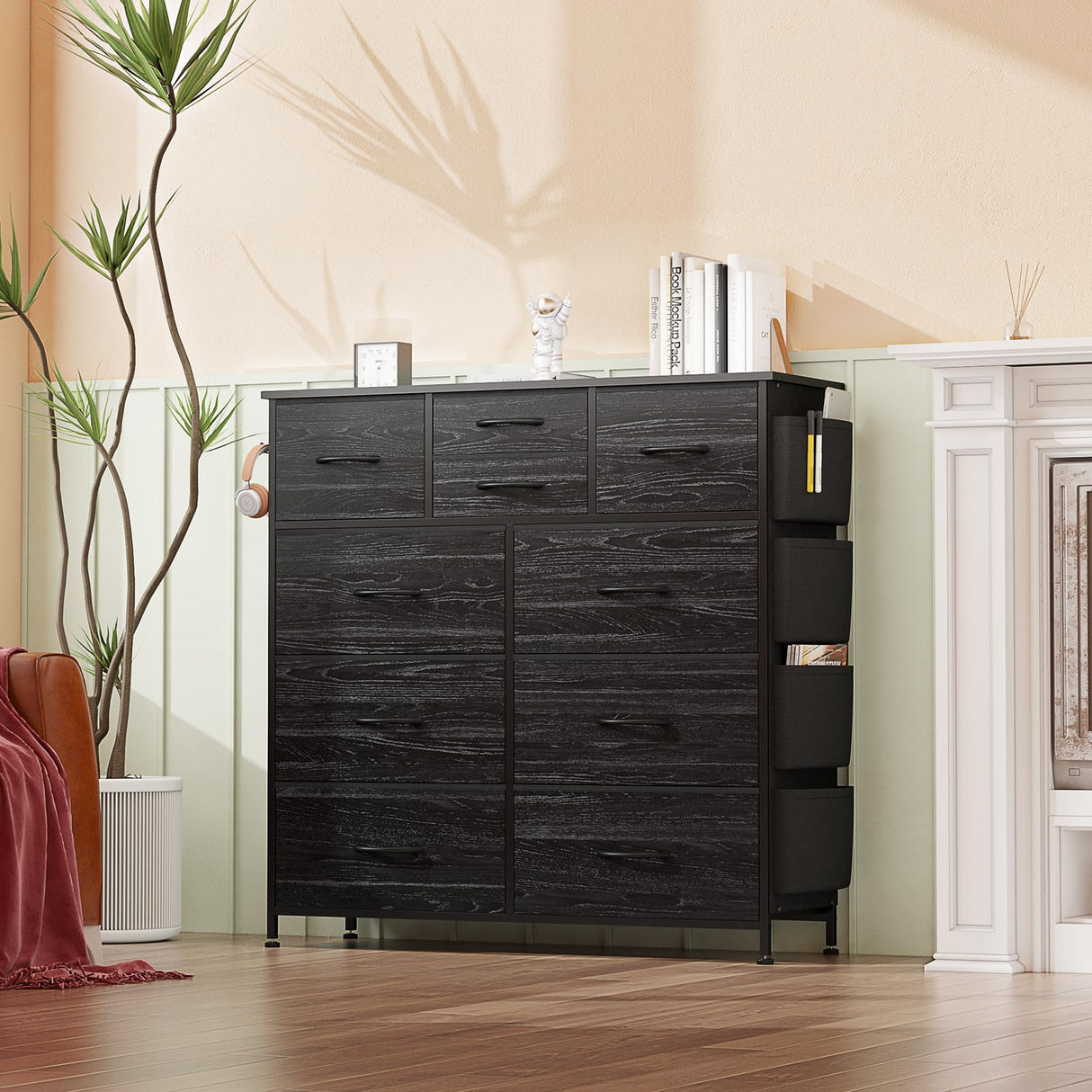 YaFiti Dresser for Bedroom with 10 Drawers, Chest of Drawers with Side Pockets, Hooks, Wooden Top and Sturdy Metal Frame, Fabric Dresser Drawers for Living Room, Hallway (Black Wood Veins) YaFiti