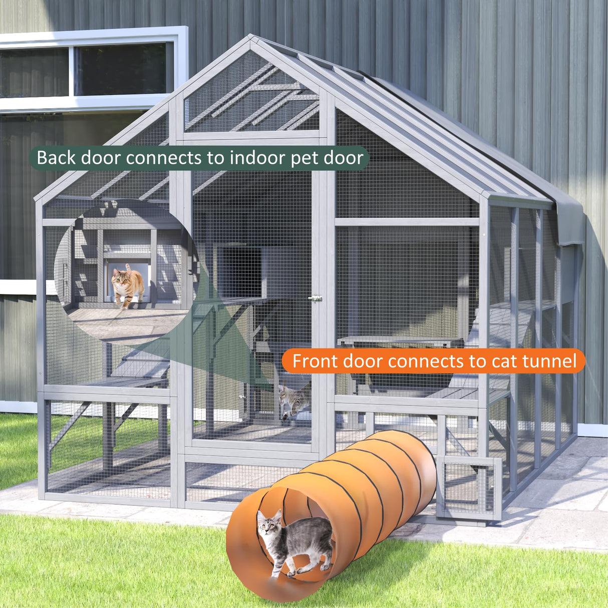 TIMHAKA Catio Outdoor Cat Enclosure, Large Cat Catio for Multiple Cats with 7 Platforms, 2 Resting Box and 2 Bridges, Wooden Cat House Cage with Waterproof and UV Proof Cover, 71 x 71 x 97 inch TIMHAKA